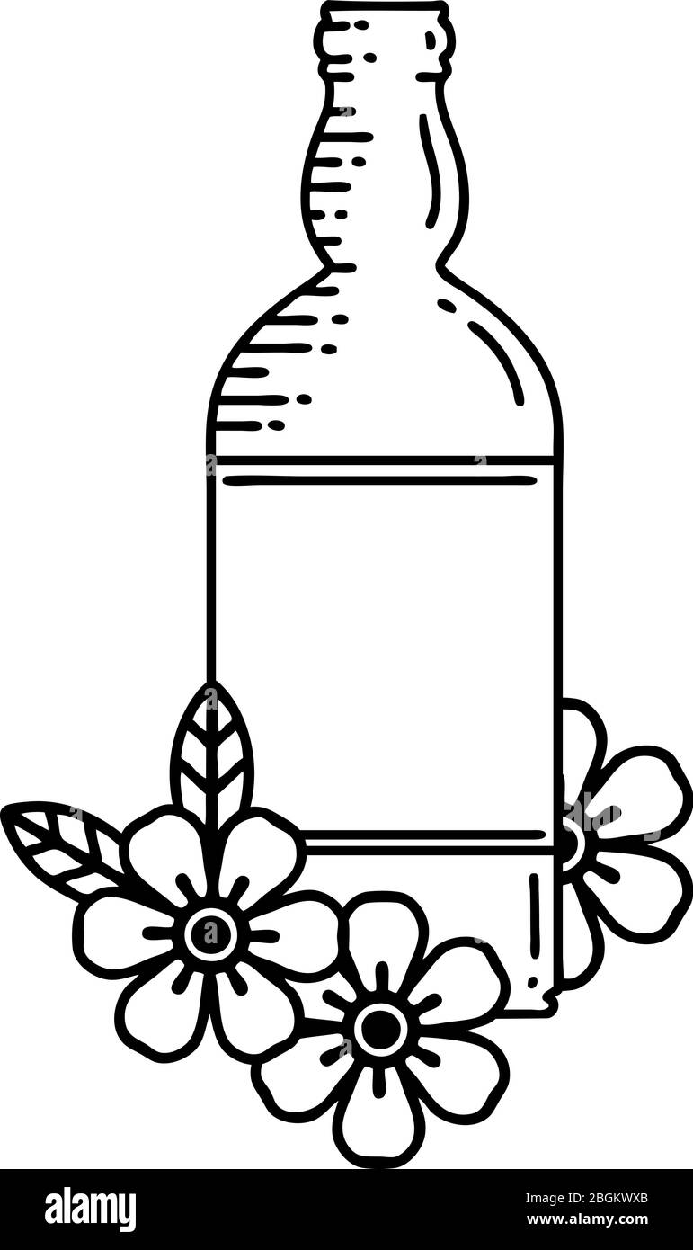 tatuaje en línea negra de una botella de ron y flores Imagen Vector de stock - Alamy