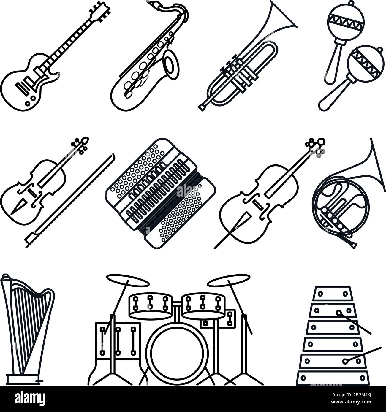 Instrumentos musicales o instrumentos musicales iconos de línea negra fina  sobre fondo blanco. Guitarra, acordeón, violín y percusión y iconos de  vector de arpa Imagen Vector de stock - Alamy