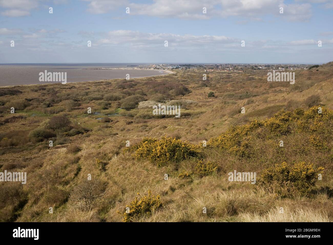 Vista desde lo alto de las dunas de Merthyr Mawr hacia Porthcawl en la mañana de primavera Foto de stock