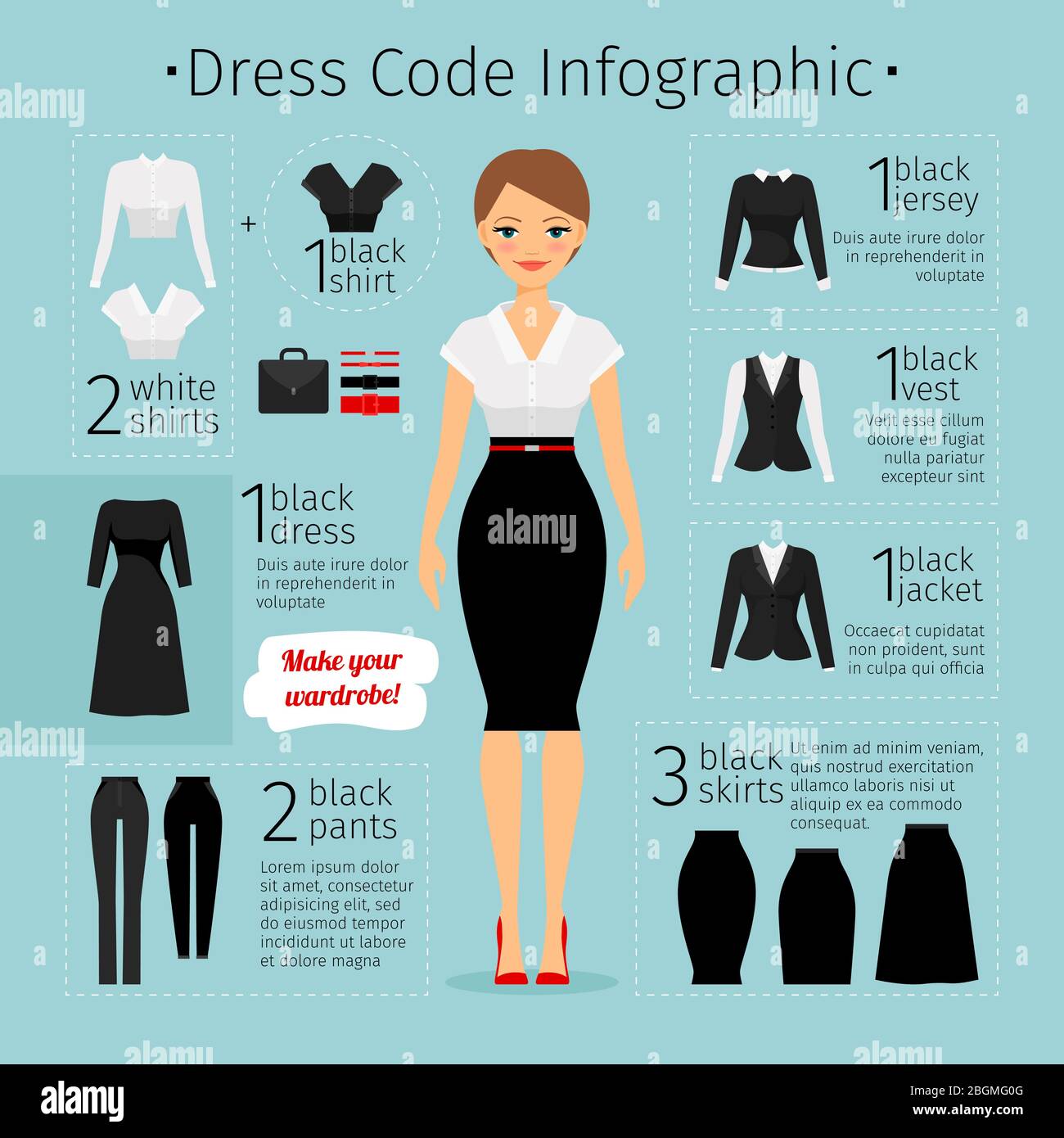 Infografía de ropa de mujer de negocios. Código de vestimenta de la mujer  de negocios. Ilustración vectorial Imagen Vector de stock - Alamy