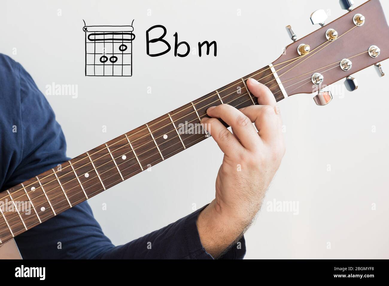 Learn Guitar - Hombre en una camisa azul oscuro tocando acordes de guitarra  mostrados en la pizarra blanca, acorde B plano menor Fotografía de stock -  Alamy