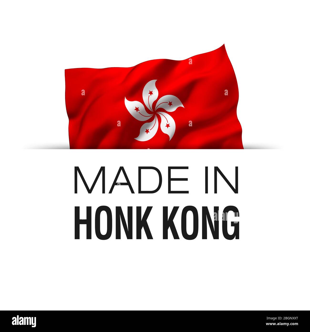 Fabricado en Hong Kong - etiqueta de garantía con una bandera de Hong Kong que ondea. Foto de stock