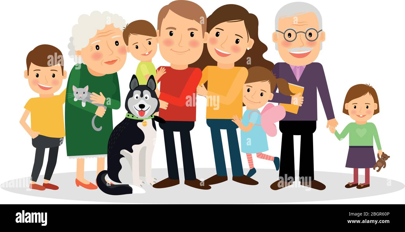 Retrato familiar de dibujos animados. Una familia grande juntos.  Ilustración vectorial Imagen Vector de stock - Alamy