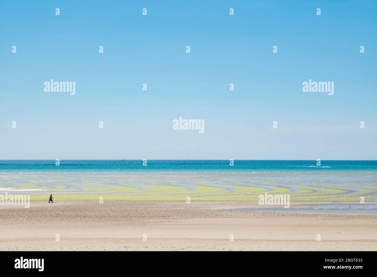 Andador solitario y algas formando formas geométricas en una playa arenosa con cielo ceruleo en St Aubin's Bay, Jersey, Channel Isles Foto de stock