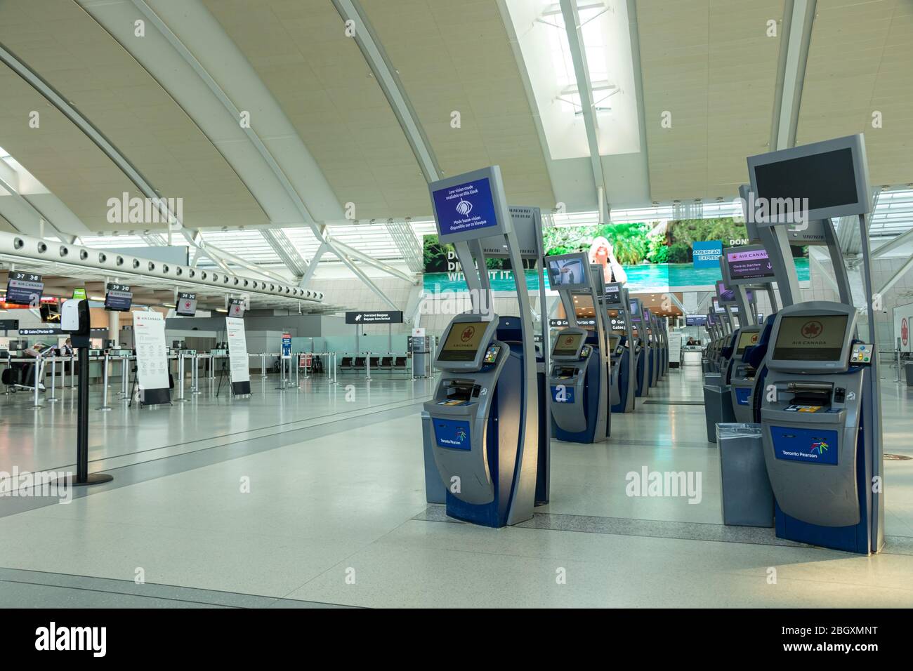 Área de facturación vacía de Air Canada dentro de la Terminal 1 en el aeropuerto internacional Pearson de Toronto. Aeropuerto durante la pandemia global del Coronavirus COVID-19. Foto de stock