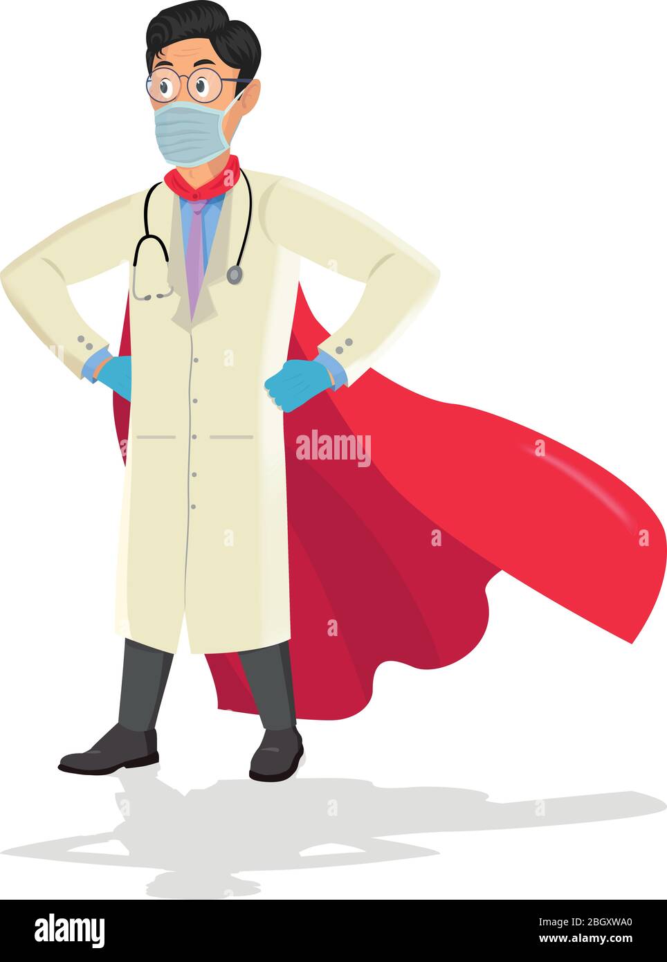 Cartoon doctor con un cabo superhéroe. Ilustración del Vector
