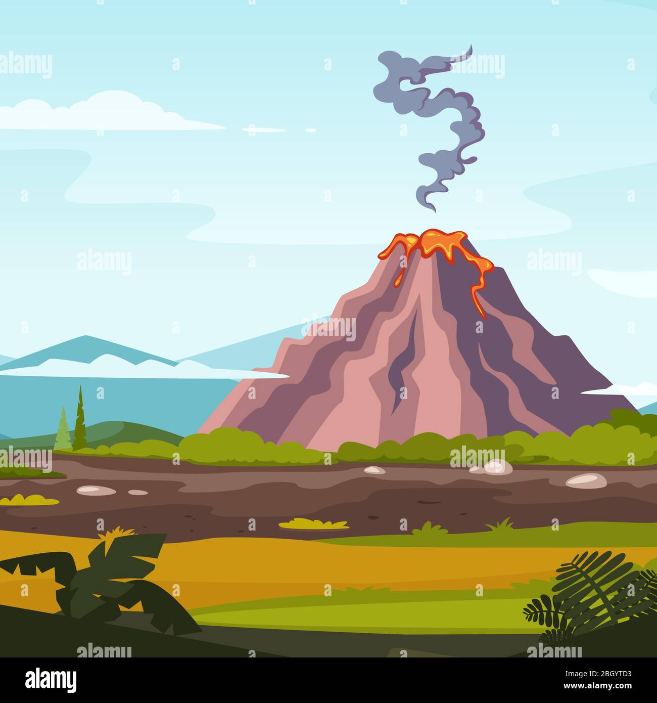 Paisaje salvaje con volcán y lava. Dibujos animados de fondo para proyectos de diseño de juegos. Volcán erupción paisaje naturaleza, ilustración vectorial Imagen Vector de stock - Alamy Paisaje salvaje con volcán y lava. Dibujos animados de fondo para proyectos de diseño de juegos. Volcán erupción paisaje naturaleza, ilustración vectorial Imagen Vector de stock - Alamy