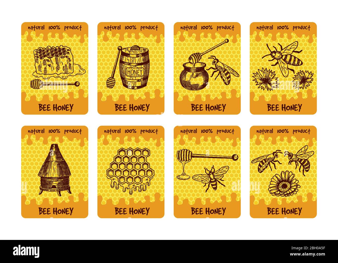 Diseño de etiquetas para el envasado de productos de miel. Ilustraciones de miel y panal de miel. Miel dulce y abeja, etiqueta de la bandera dulce de alimentos Imagen de stock -