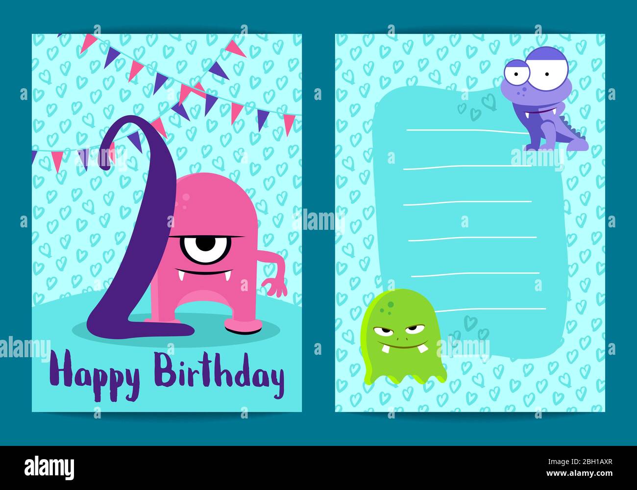 Vector niños feliz tarjetas de cumpleaños con monstruos lindos, guirnaldas  y número de edad dos años a mano dibujadas estrellas fondo ilustración  Imagen Vector de stock - Alamy