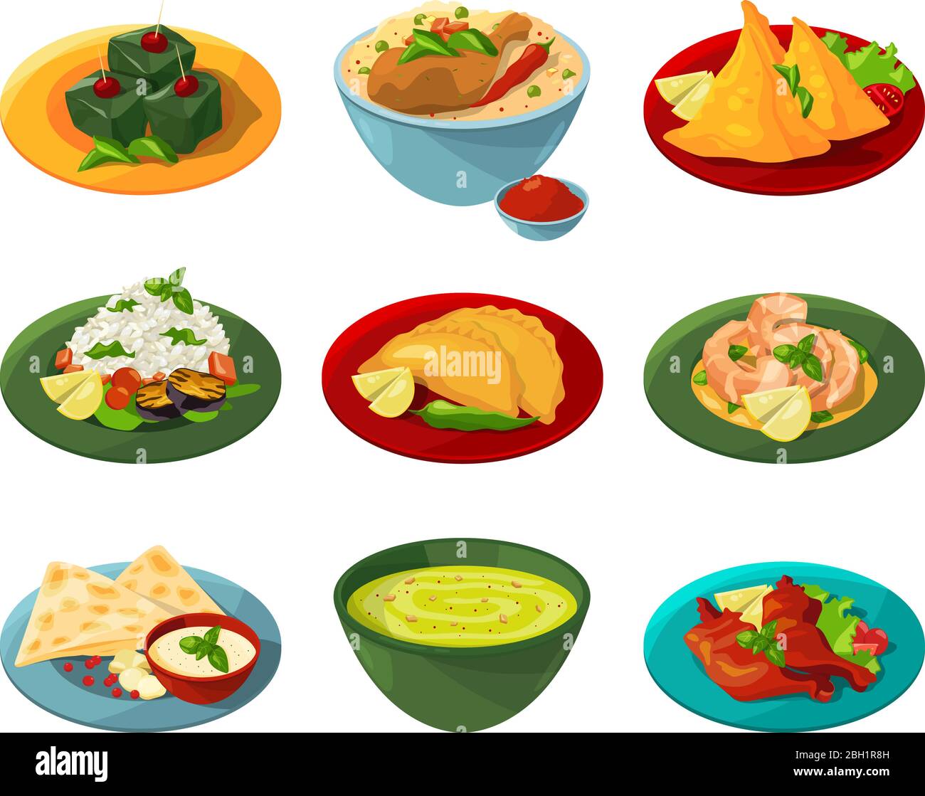 Conjunto de dibujos animados de comida tradicional india en diferentes  platos. Comida India deliciosa con salsa y picante. Ilustración vectorial  Imagen Vector de stock - Alamy