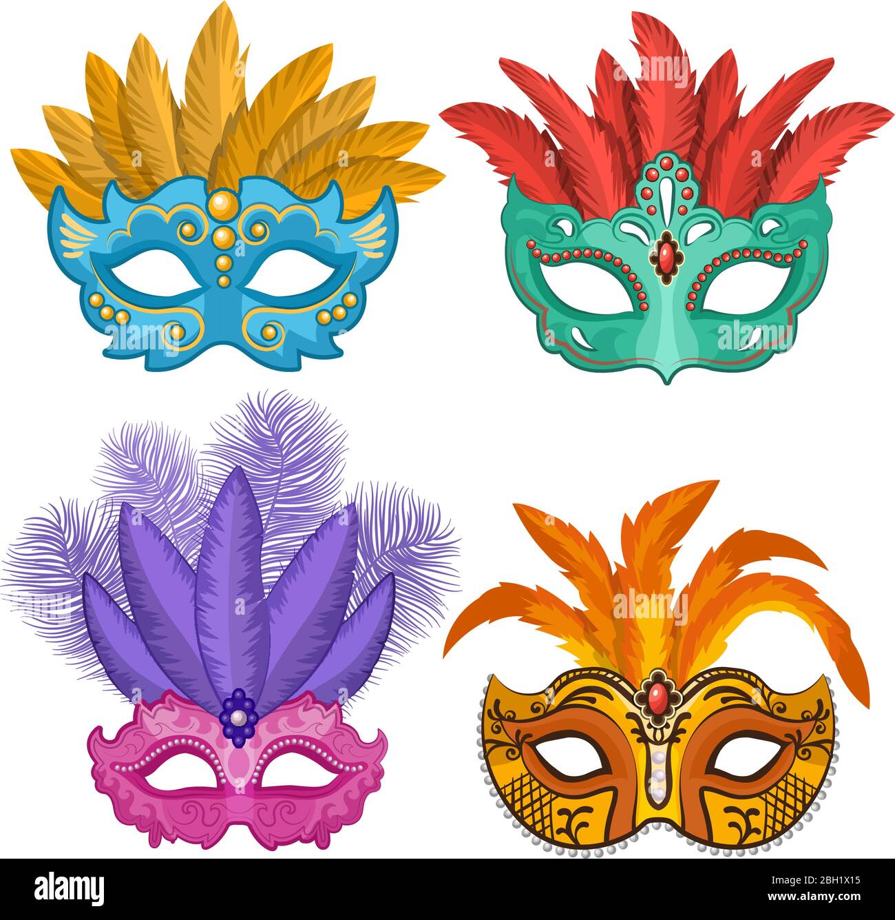Cuadros coloreados de carnavales o máscaras de teatro con plumas.  Ilustraciones vectoriales en estilo de dibujos animados. Máscara de disfraz  de carnaval y mascarada, veneciana Imagen Vector de stock - Alamy