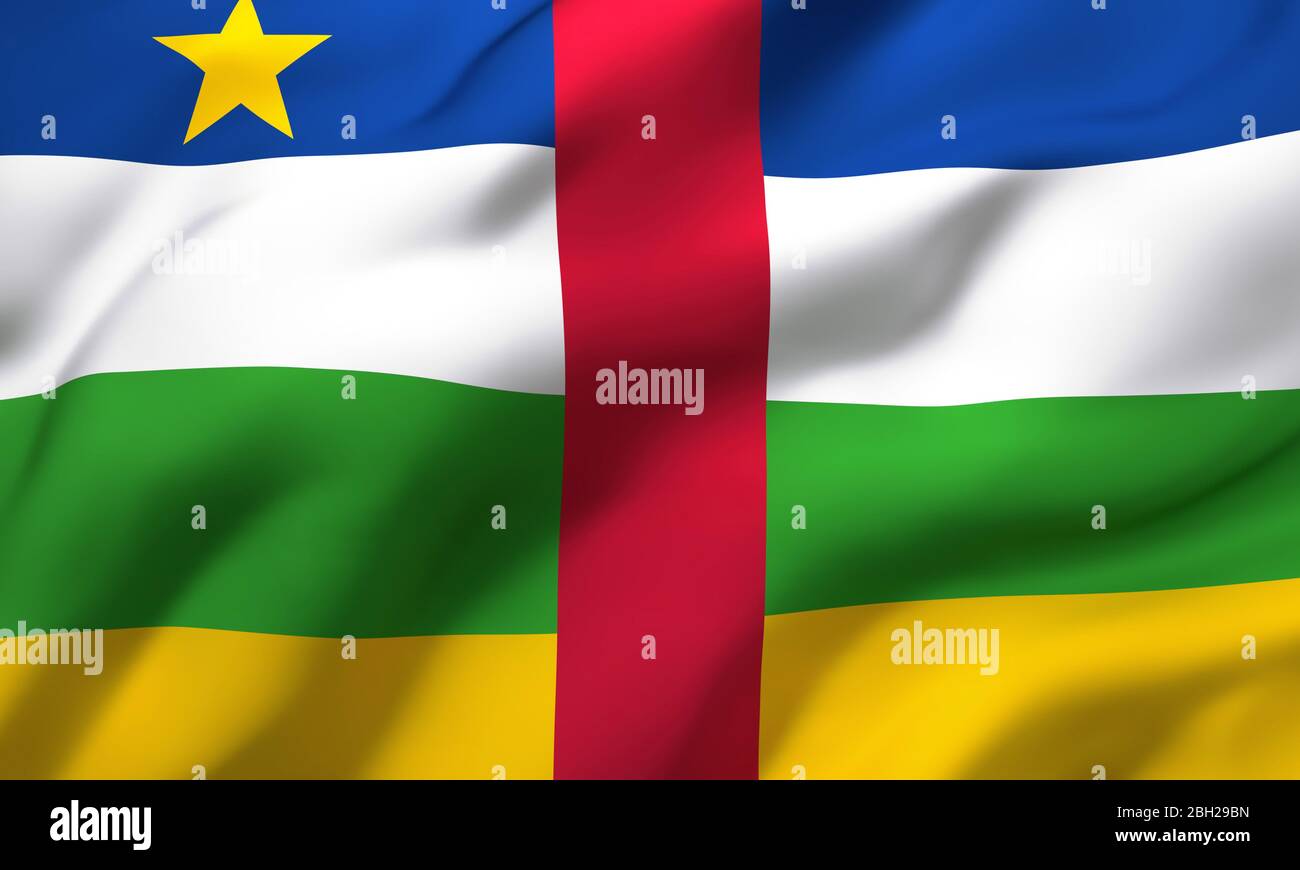 Bandera de África Central soplando en el viento. Bandera de vuelo de África Central de página completa. Ilustración 3D. Foto de stock