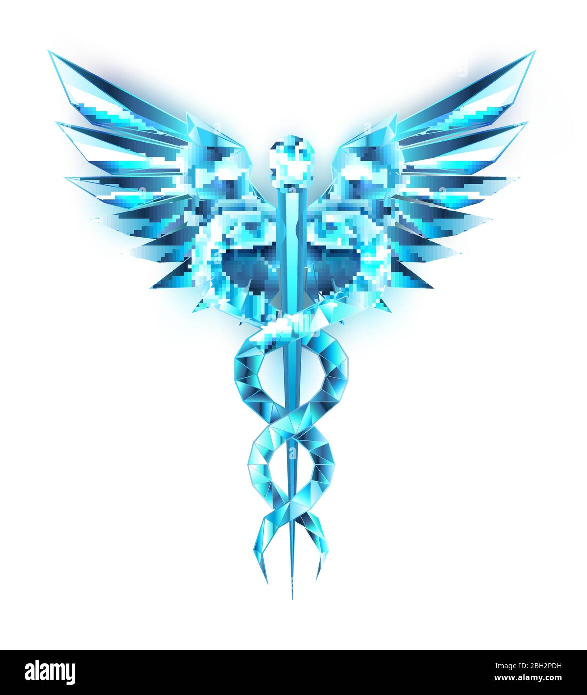 Símbolos de Caduceo de cristal azul sobre fondo negro aislado. Símbolo de poli bajo de la medicina. Ilustración del Vector