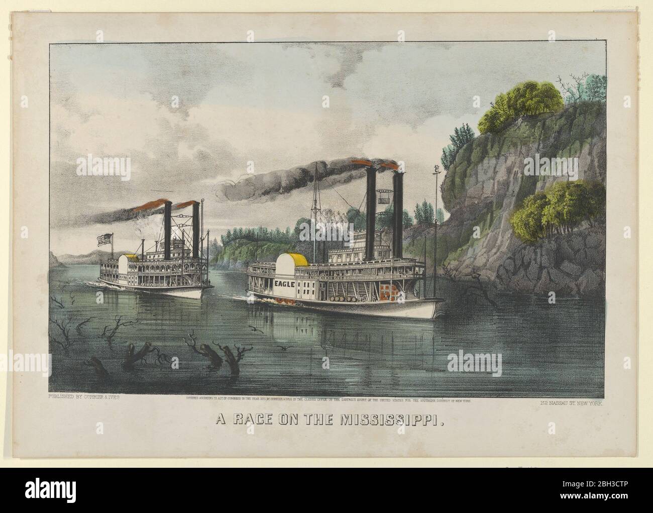 Una carrera en el Mississippi, 1870. Los barcos de vapor, Eagle y Diana,  corren de izquierda a derecha en el río Mississippi Fotografía de stock -  Alamy