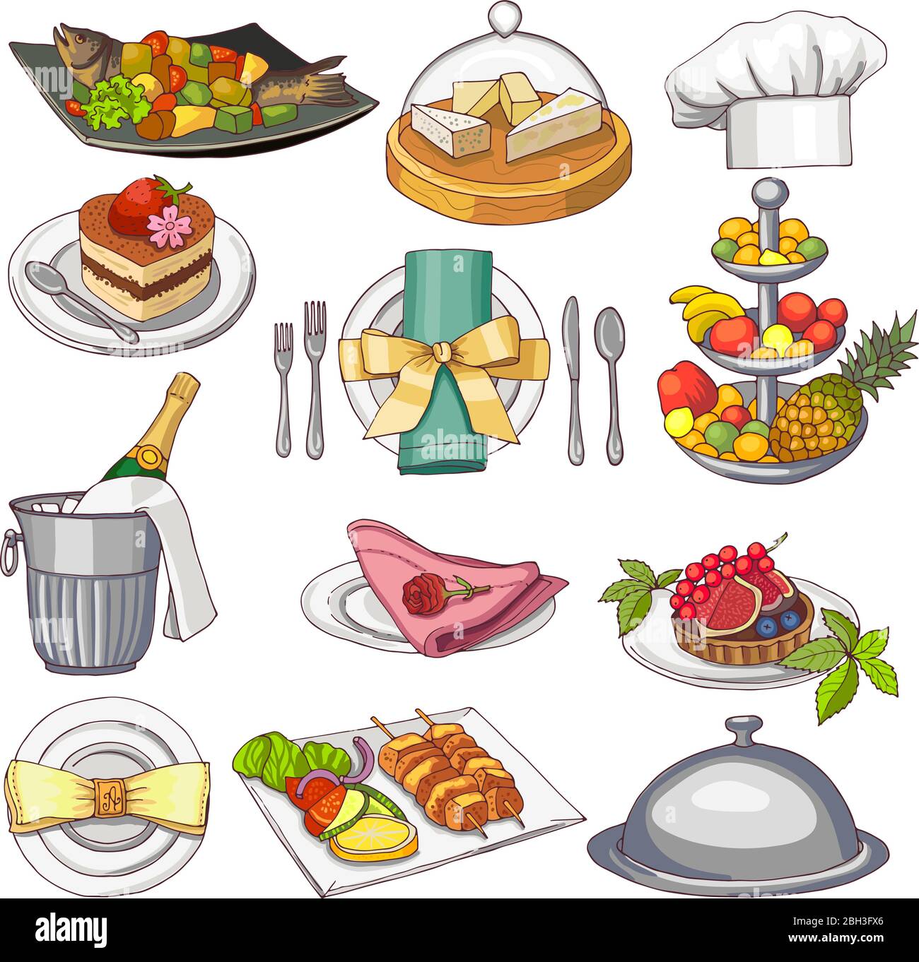 hueco facil de manejar Apoyarse Ilustración en color del conjunto de alimentos para restaurantes para la  plantilla de menú de diseño. Plato de colores cena, sabrosa tarta de  almuerzo y carne, fruta y pescado vector Imagen Vector