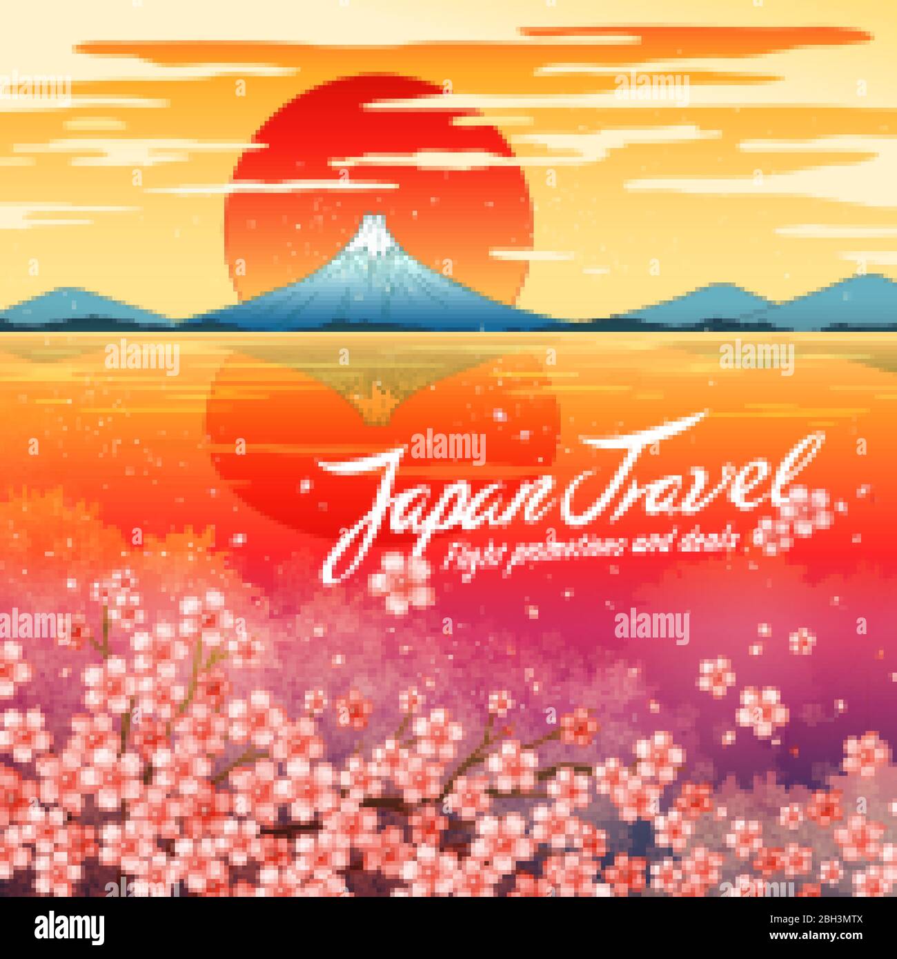 Póster promocional de viajes a Japón, diseñado con una impresionante vista al atardecer del Monte Fuji reflejada en las tranquilas aguas y los cerezos floreciendo en la costa Ilustración del Vector