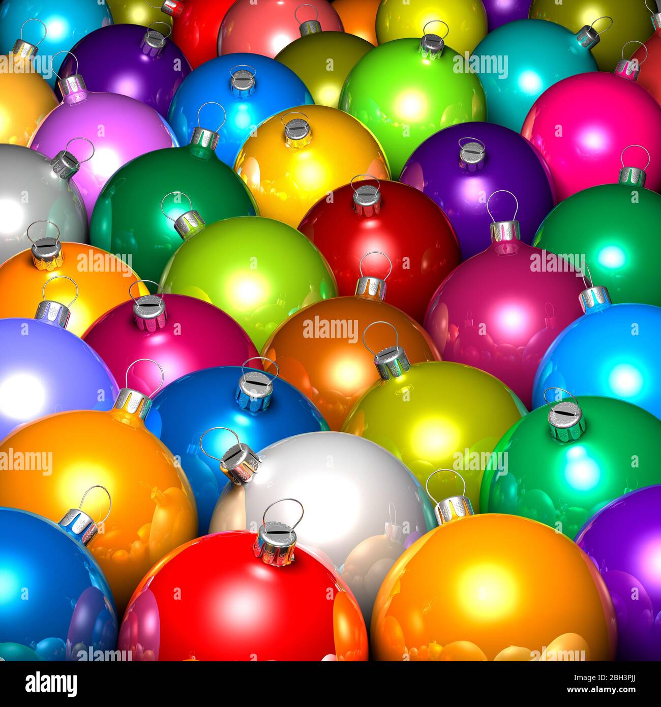 Bolas de Navidad, bolas, decoraciones, ornamentos. Adornos colgantes multicolores. Punto de vista alto. Primer plano, fotograma completo. Tratamiento gráfico Foto de stock