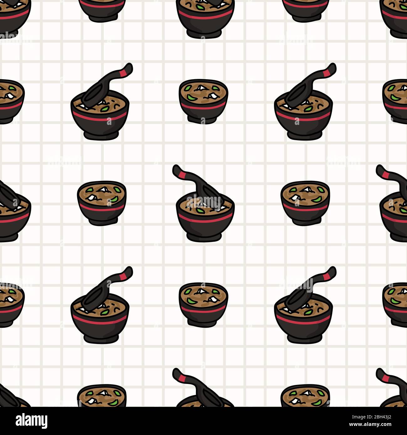 Sopa kawaii miso comida japonesa patrón vectorial sin costuras. Ramen oriental dibujado a mano con nori y tofu. Sopa de por todas partes estampado sobre fondo rayas Imagen Vector