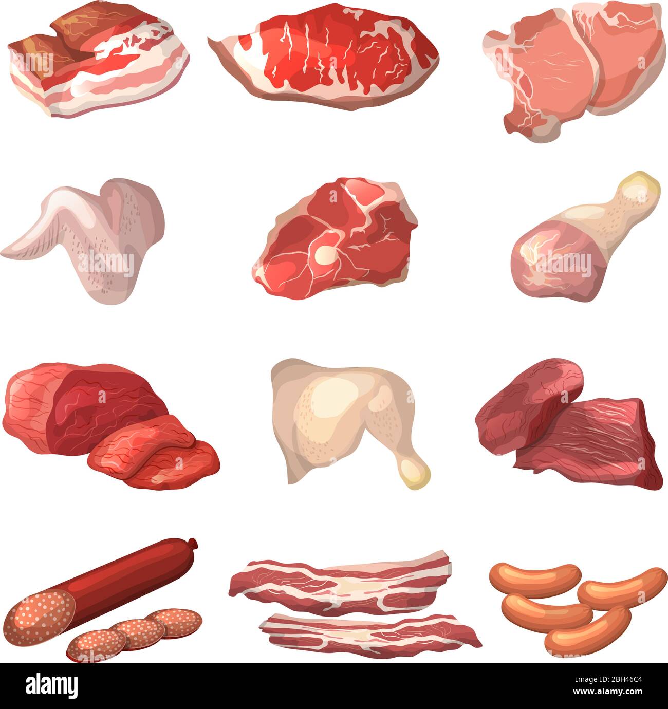 Diferentes ilustraciones de carne. Carne de res de mármol, cordero y otros  cuadros de comida en estilo de dibujos animados. Carne de cerdo, jamón  crudo y productos de carne fresca vect Imagen