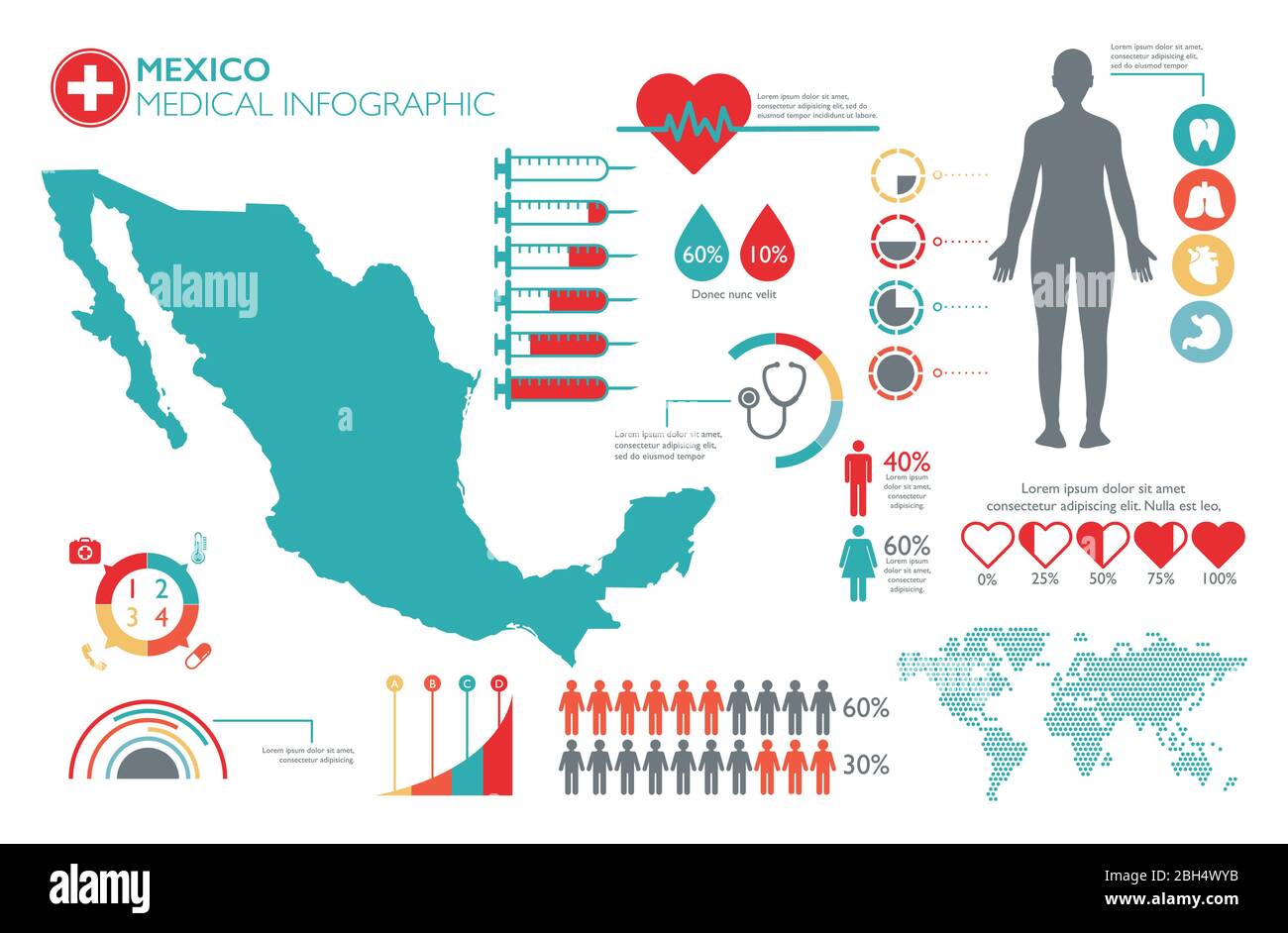 Plantilla infográfica de salud médica de México con mapa y múltiples