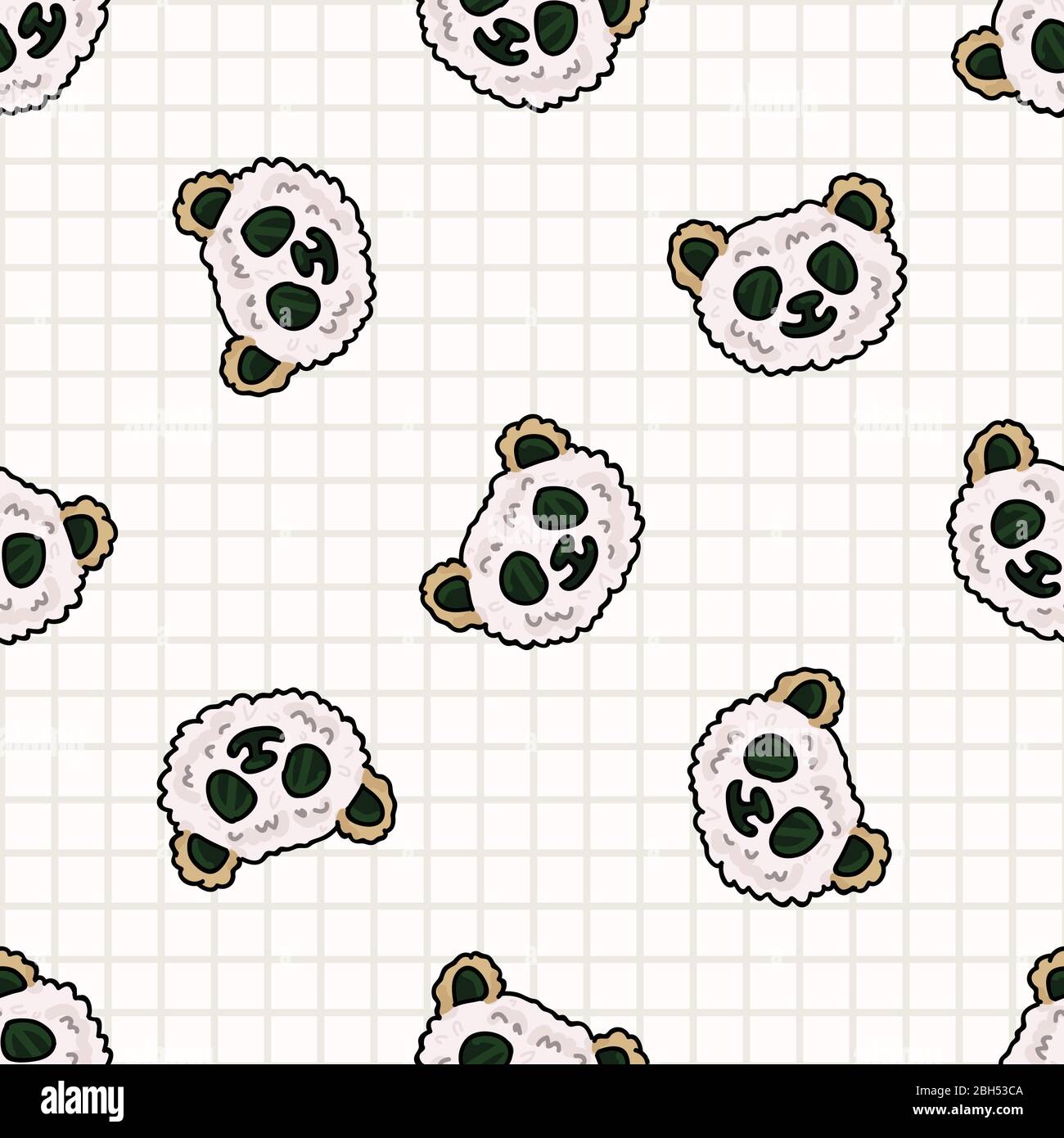 Kawaii panda oso onigiri arroz japonés sin costuras patrón vectorial. Bola  de arroz con diseño de algas orientales dibujadas a mano. Coqueto estampado  de bento box meal por toda la habitación Imagen