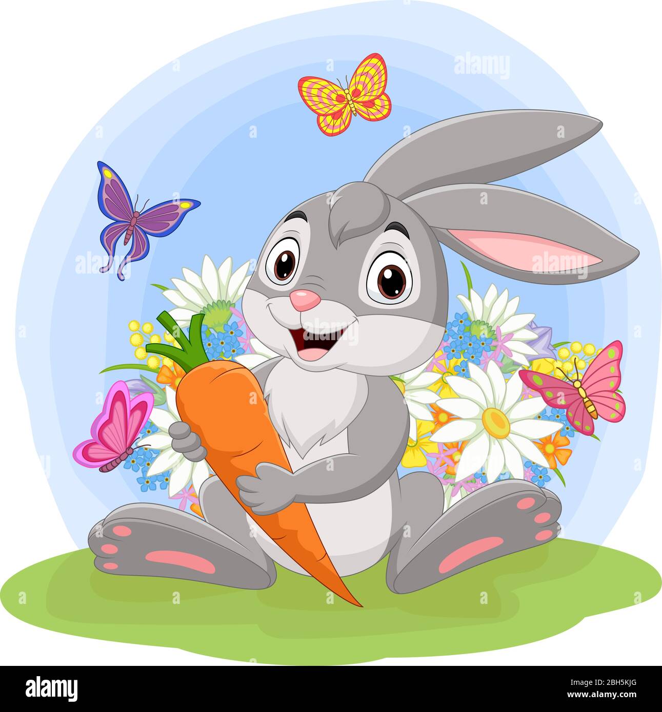 Conejo de dibujos animados sosteniendo una zanahoria en la hierba Imagen  Vector de stock - Alamy