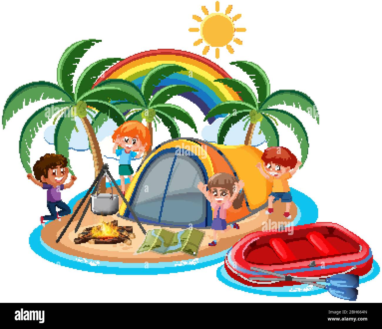 Escena con muchos niños acampando en la isla ilustración Ilustración del Vector