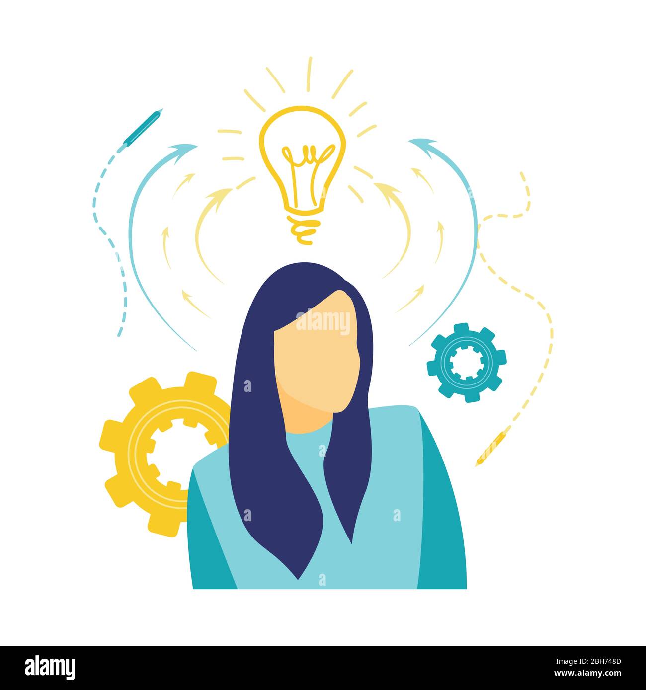 Plano vector ilustración, vista frontal de una mujer de negocios con ideas que fluyen por encima de su cabeza en azul y amarillo. Ilustración del Vector