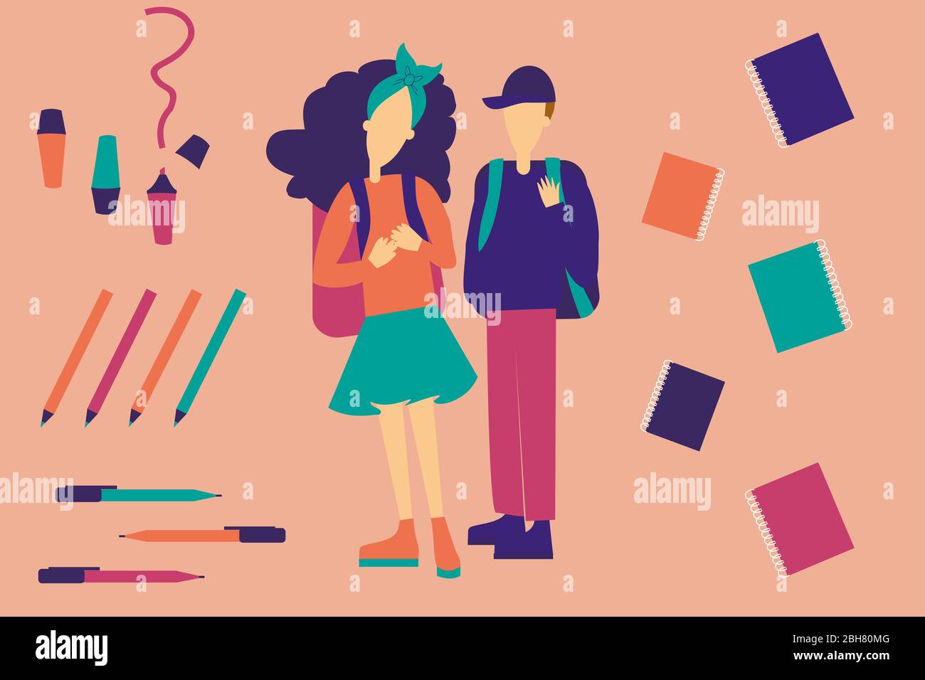 Pareja de estudiantes en el patrón de bienvenida de nuevo a los antecedentes escolares Foto de stock