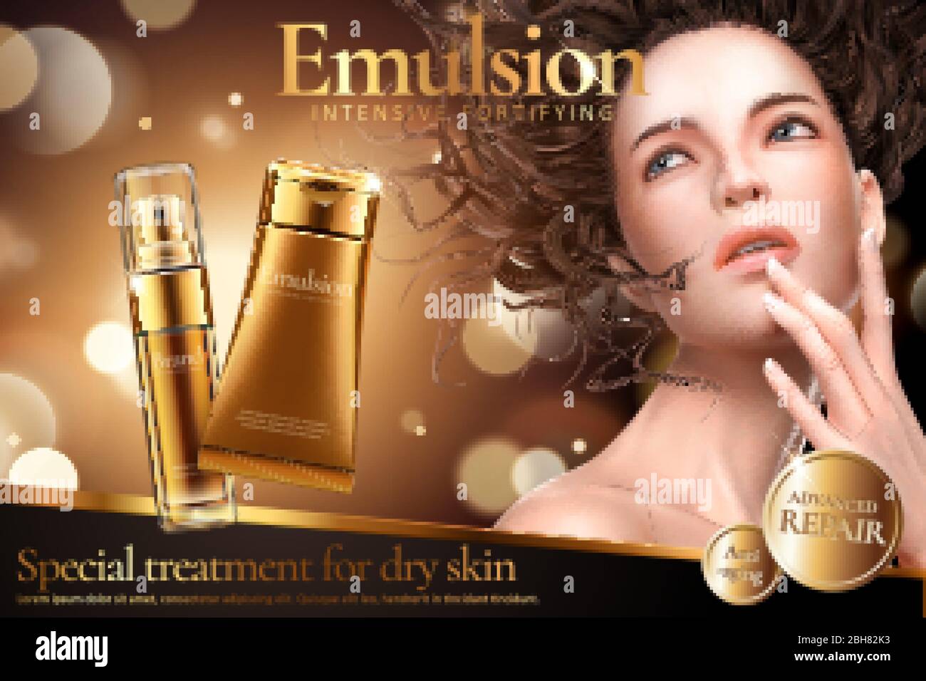 Productos de emulsión anuncios con mujer hermosa sobre color dorado brillante fondo en 3d ilustración Imagen stock - Alamy