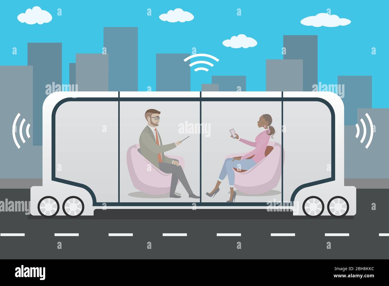 coche autónomo o autobús e internet de las cosas concepto iot auto-conductor, futurista transporte urbano con pasajeros, ilustración vectorial Ilustración del Vector