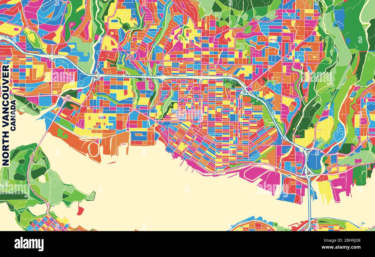 Mapa vectorial colorido del norte de Vancouver, Columbia Británica, Canadá. Plantilla Art Map para autoimprimir gráficos de pared en formato horizontal. Ilustración del Vector