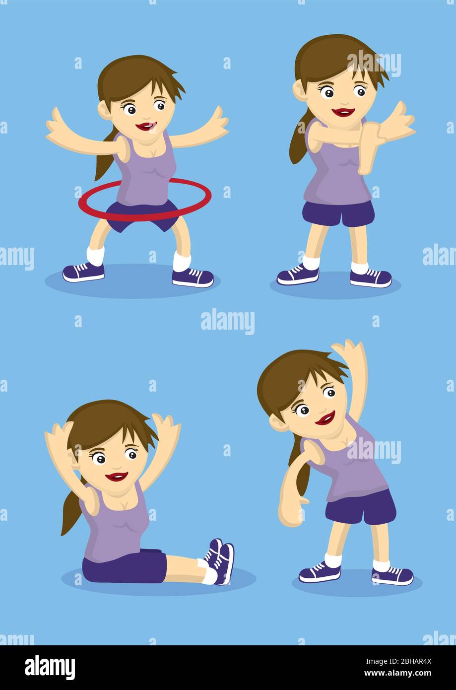 Chica de dibujos animados deportivos haciendo ejercicios de calentamiento y  estiramiento. Ilustración vectorial para un estilo de vida saludable Imagen  Vector de stock - Alamy