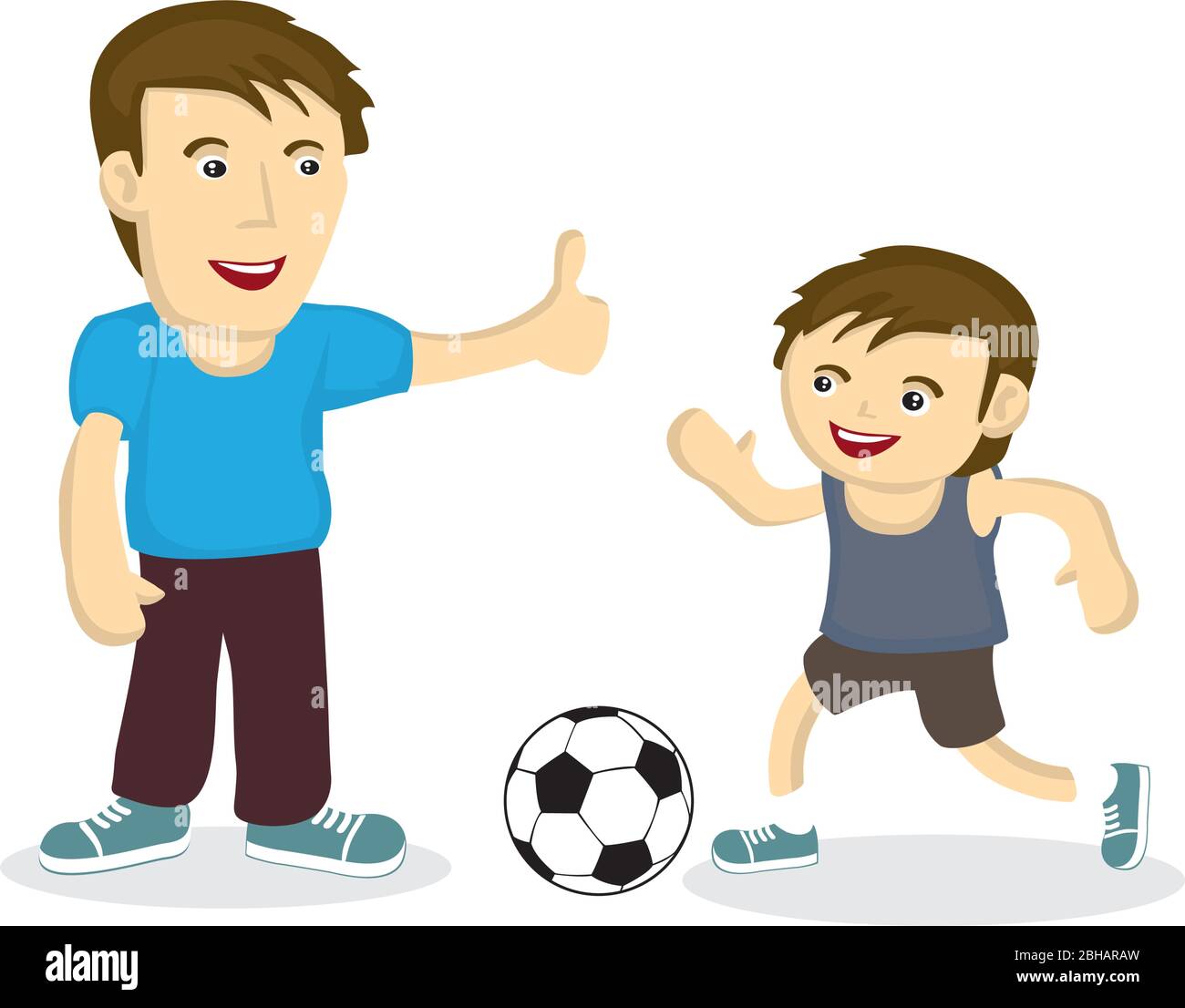 Feliz Padre E Hijo Jugar Al Futbol Al Aire Libre Papa Y Nino Jugando Con Pelota De Futbol En El Patio O El Parque Dibujo De Dibujos Animados Planos Vectoriales Personajes Ilustracion