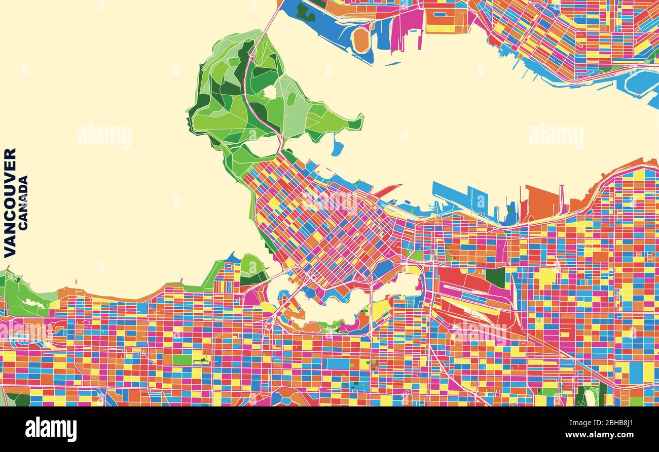 Mapa vectorial colorido de Vancouver, Columbia Británica, Canadá. Plantilla Art Map para autoimprimir gráficos de pared en formato horizontal. Ilustración del Vector
