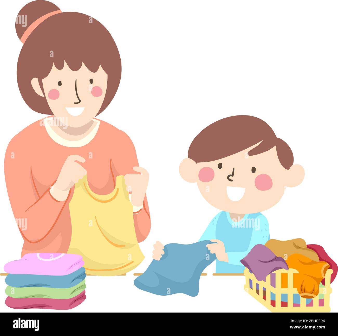 Ilustración de una niña enseñando a su hijo cómo doblar ropa limpia de la  canasta de lavandería Fotografía de stock - Alamy