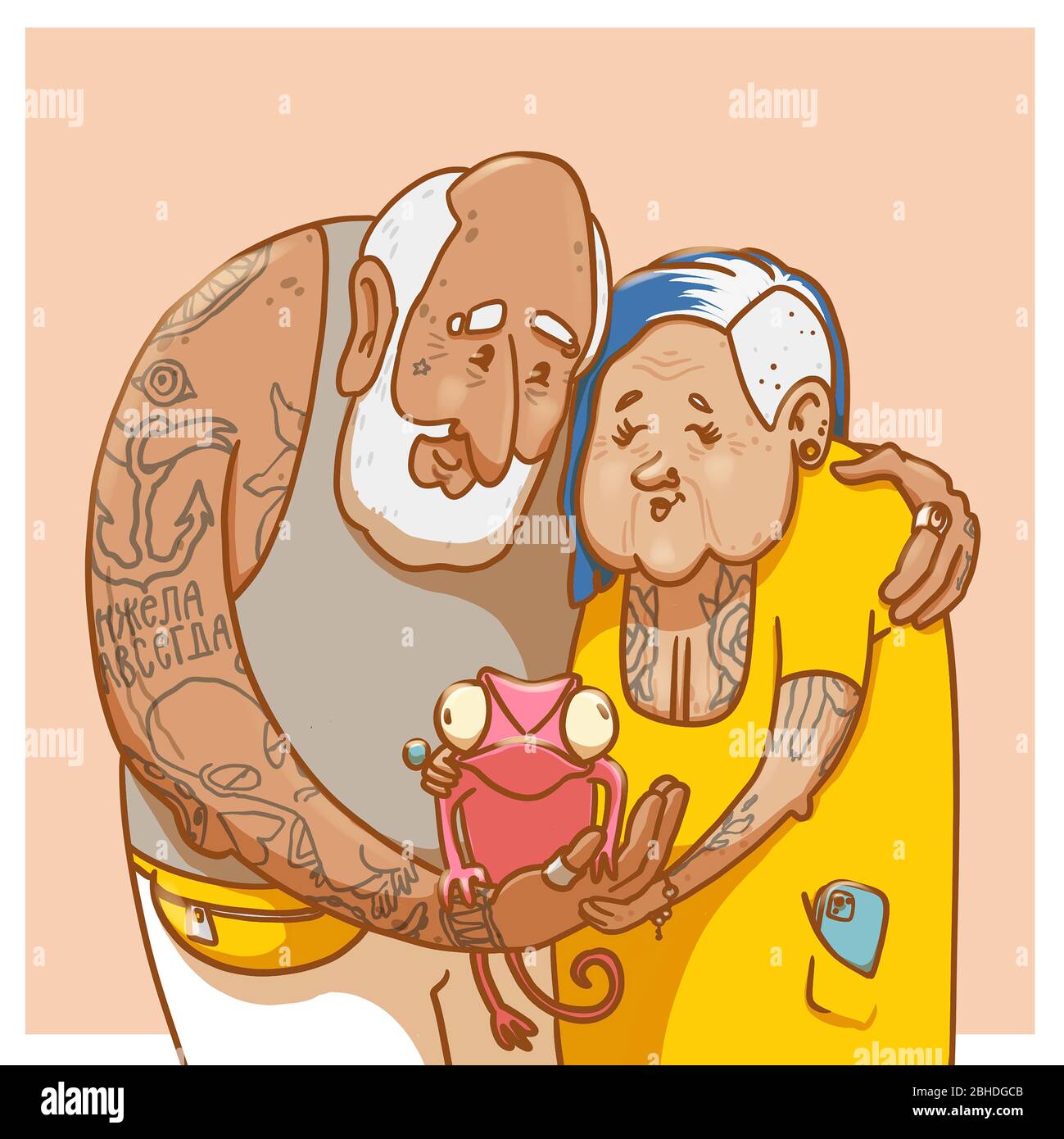 Retrato familiar de una pareja de hipsters con mascota camaleón. Dibujos  animados abuelos con estilo con tatuajes Fotografía de stock - Alamy