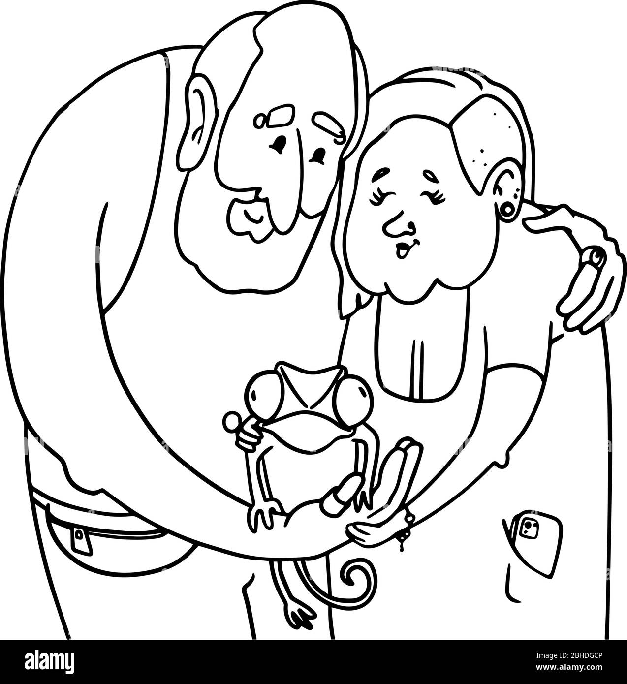 Dibujos animados abuelos con estilo con tatuajes. Retrato familiar de una  pareja de hipsters con mascota camaleón. Página de libro de colores Imagen  Vector de stock - Alamy