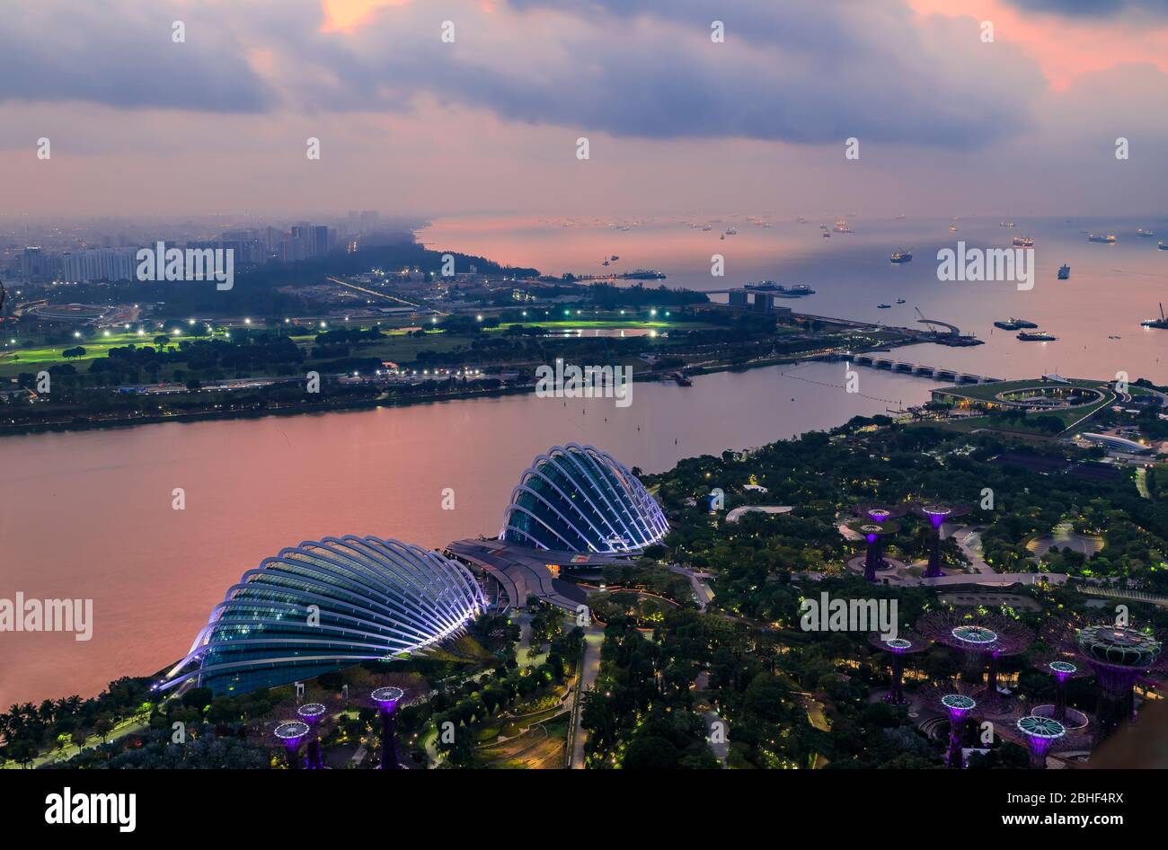 Vista aérea de Cloud Forest, el Flower Dome y el Supertree Grove en Gardens by the Bay, Singapur al amanecer Foto de stock