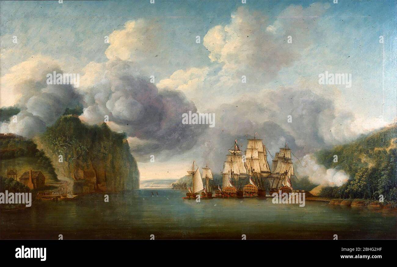 Forzando un paso del río Hudson, 9 de octubre de 1776 - HMS Phoenix, Roebuck y Tartar, acompañados por tres embarcaciones más pequeñas, forzando su paso a través de una cheval-de-frise en el río Hudson con los fuertes Washington y Lee y varias baterías en ambos lados - Thomas Mitchell Foto de stock