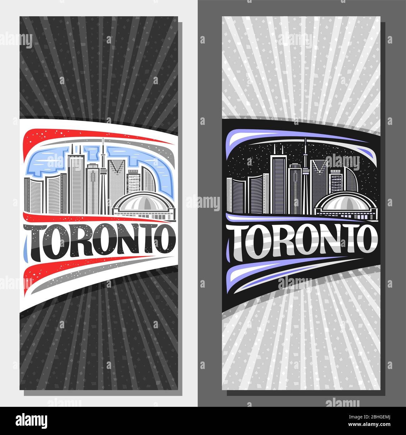 Diseños vectoriales para Toronto, folleto decorativo con ilustración de línea de la ciudad contemporánea de toronto en el día y el cielo al atardecer fondo, diseño de arte para Ilustración del Vector