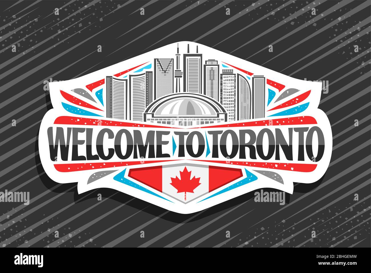 Logotipo vectorial para Toronto, etiqueta decorativa blanca con ilustración de línea de la ciudad contemporánea de toronto en el día cielo fondo, imán de frigorífico con uniq Ilustración del Vector