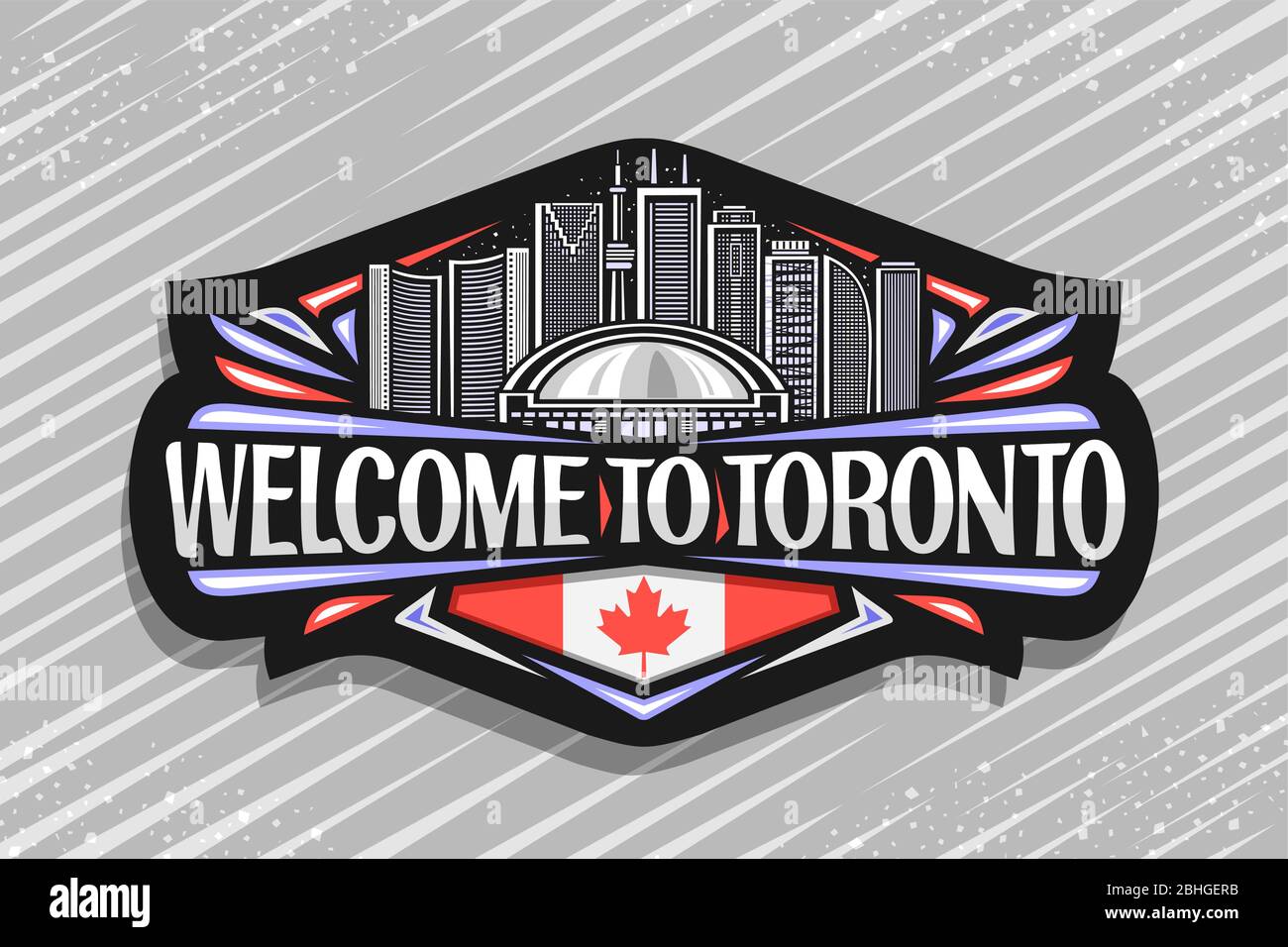Logotipo vectorial para Toronto, insignia decorativa negra con ilustración de línea de la ciudad contemporánea de toronto paisaje en el cielo al atardecer fondo, nevera turística magne Ilustración del Vector