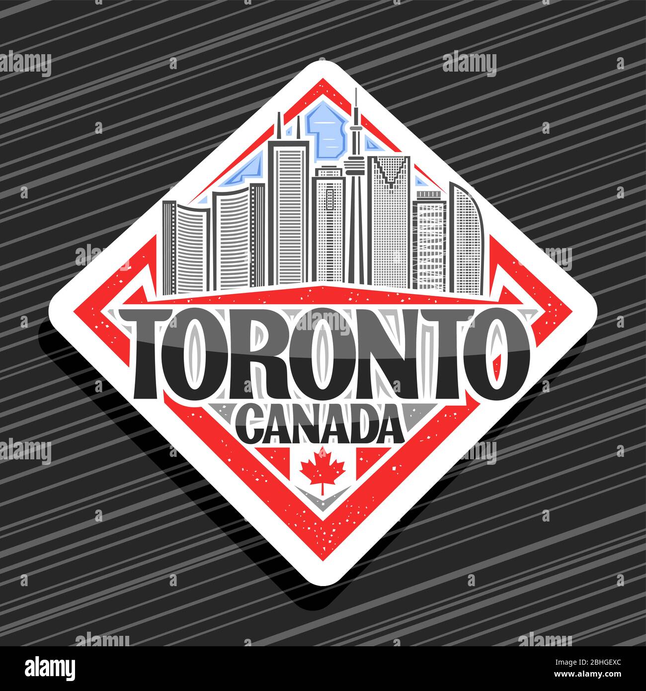 Logotipo vectorial para Toronto, señal de carretera blanca decorativa con ilustración de línea de la ciudad contemporánea de toronto paisaje en el día cielo fondo, nevera imán WIT Ilustración del Vector