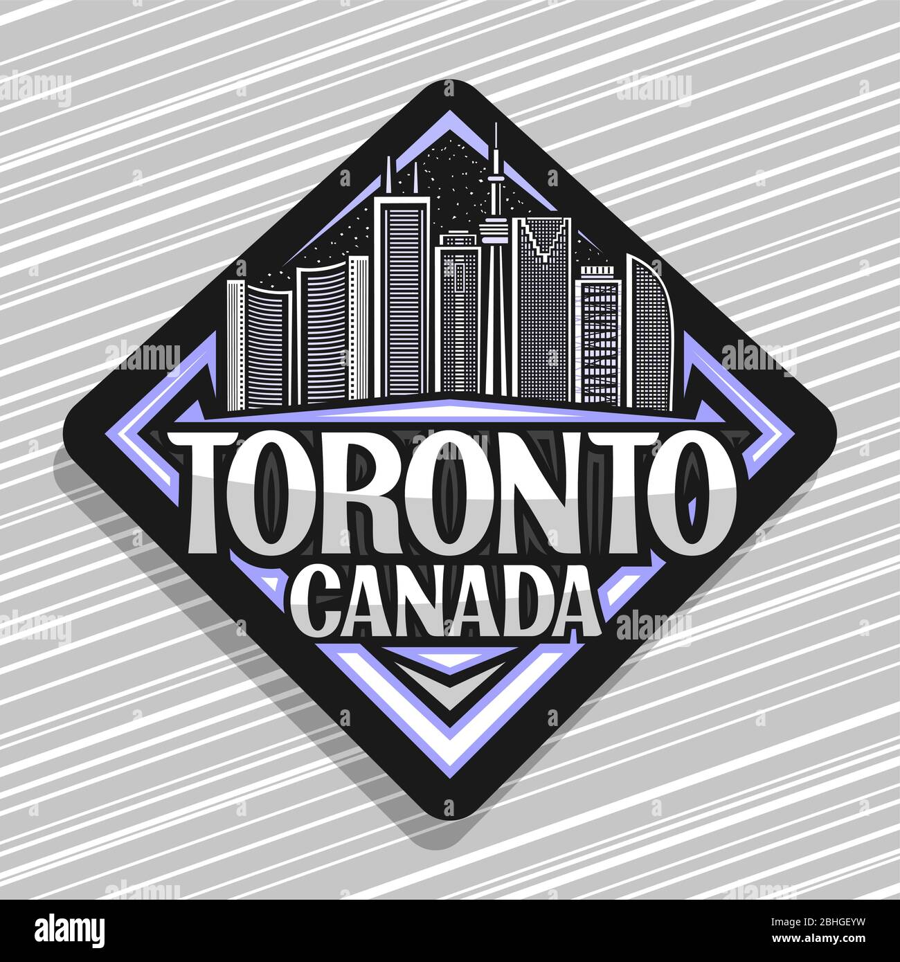 Logotipo vectorial para Toronto, señal de carretera decorativa negra con ilustración de línea de la ciudad contemporánea de toronto paisaje sobre el cielo al atardecer fondo, diseño nevera ma Ilustración del Vector