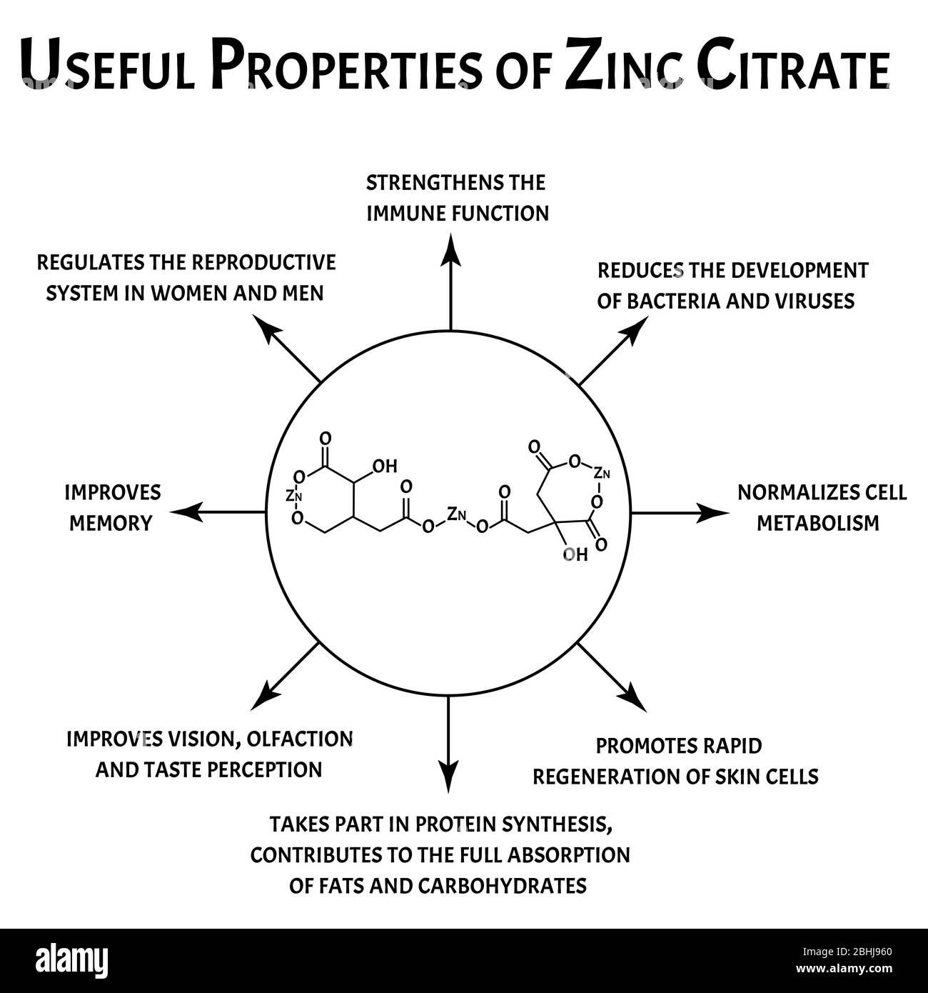 Zincccinado propiedades útiles fórmula química molecular. Infografías