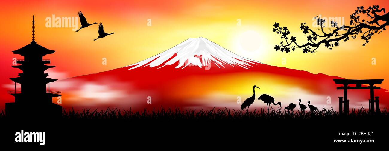 Monte Fuji. Paisaje japonés con una pagoda, una puerta, con grullas japonesas y sakura. Silueta del Monte Fuji al atardecer. Ilustración del Vector
