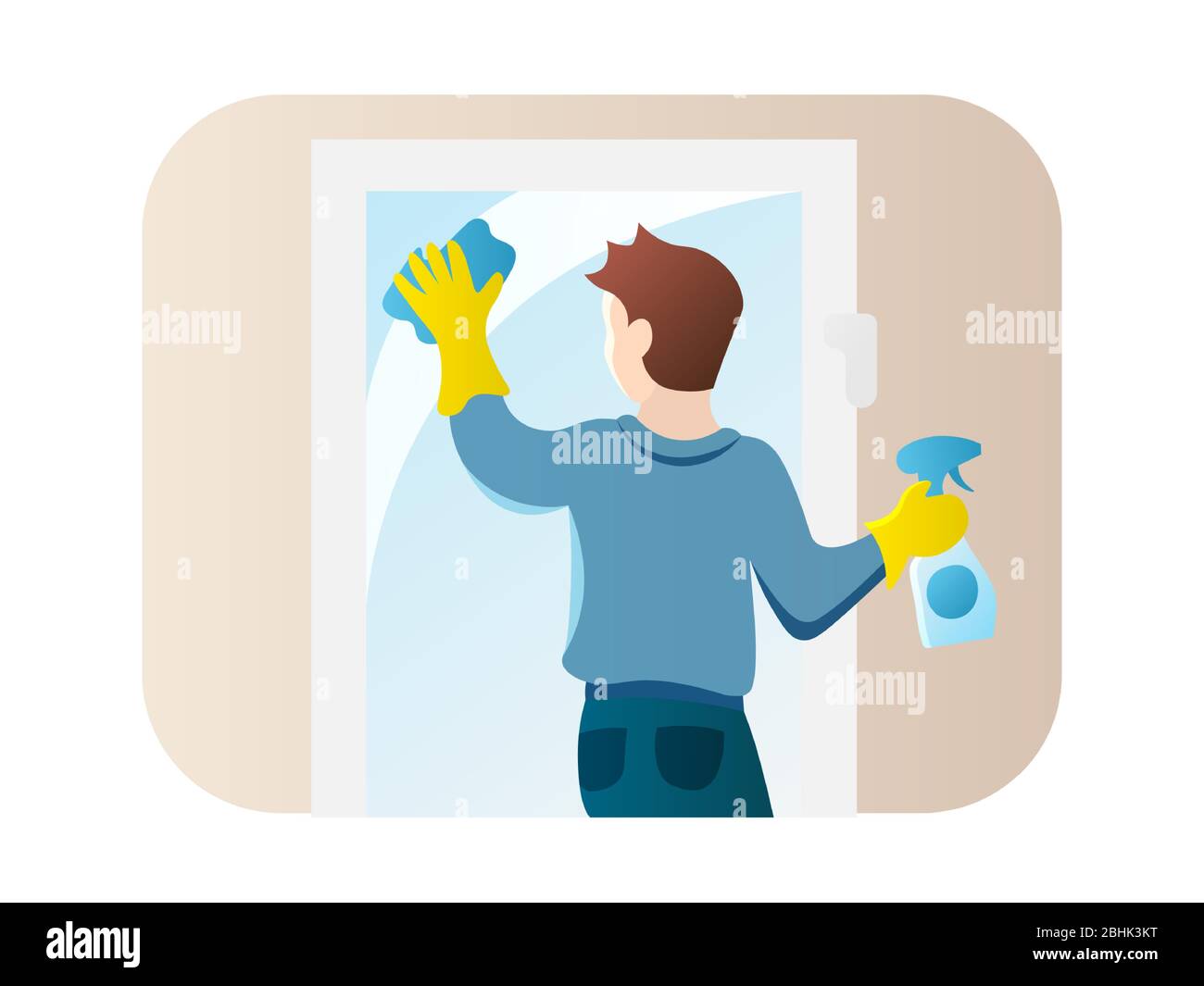 Icono de hombre limpiando la ventana de estilo plano. Hombre haciendo tareas ilustración vectorial. Hombre lavado de vidrio personaje de dibujos animados, aislado en blanco. Quédate en casa Ilustración del Vector