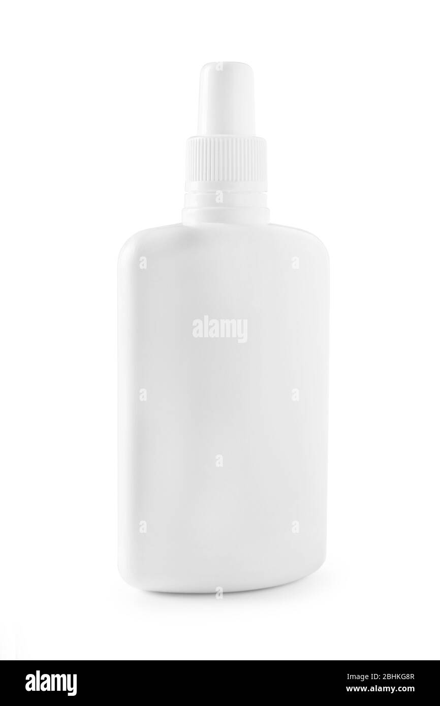 Frasco de plástico blanco con dispensador. tapón aislado sobre blanco Foto de stock