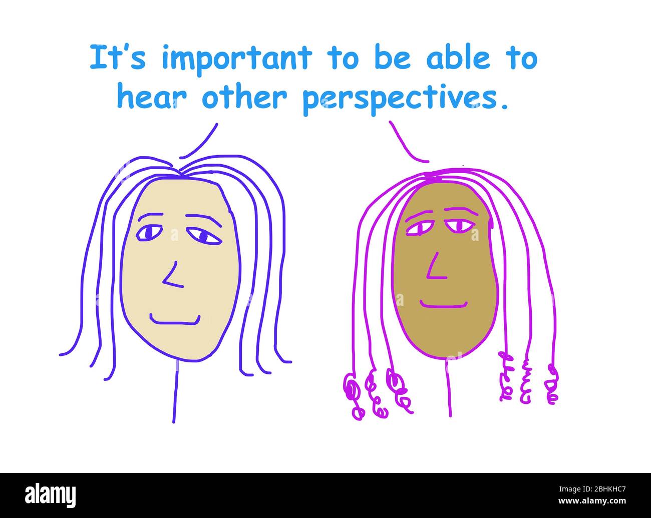 Dibujos animados en color que muestran dos mujeres étnicamente diversas diciendo que es importante poder escuchar otras perspectivas. Foto de stock